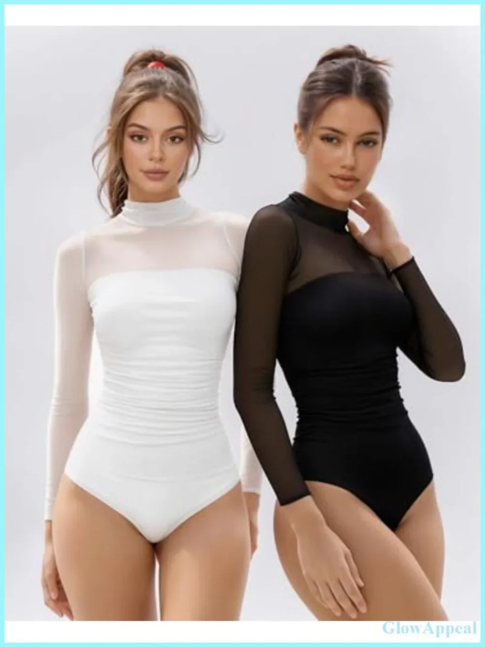 Mock Turtle Neck Sheer Mesh Bodysuit Long Sleeve Thong